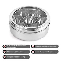 Cello Steelox Stainless Steel Masala Dabba/Spice Box with See Through Lid, 7 Containers and 2 Small Spoons, (150mlx7), Silver, Large