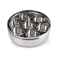 Cello Steelox Stainless Steel Masala Dabba/Spice Box with See Through Lid, 7 Containers and 2 Small Spoons, (150mlx7), Silver, Large