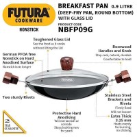 Hawkins FUTURA 0.9 Litre Breakfast Pan with Glass Lid, Nonstick Cookware, Appachatty, Chetty Pan, Appam Patra, Round Bottom Kadai, Black (NBFP09G) - 217 mm