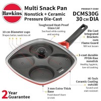 Hawkins 30 Cm Die-Cast Multi Snack Pan With Glass Lid  Nonstick Mini Uttapam Tawa  Pancake Pan  Red (Dcms30G)