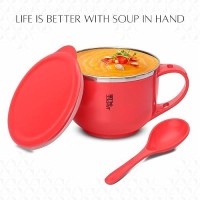 Jaypee Plus Stainless Steel Soup Bowl with Lid & Spoon Holder Souptok, Maggi Bowl Noodles Pasta Bowl, Mug for Milk, Best Diwali Gift, Mug for Kids, Girls, Boys, Birthday, Red