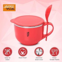 Jaypee Plus Stainless Steel Soup Bowl with Lid & Spoon Holder Souptok, Maggi Bowl Noodles Pasta Bowl, Mug for Milk, Best Diwali Gift, Mug for Kids, Girls, Boys, Birthday, Red