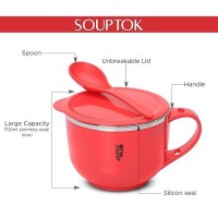 Jaypee Plus Stainless Steel Soup Bowl with Lid & Spoon Holder Souptok, Maggi Bowl Noodles Pasta Bowl, Mug for Milk, Best Diwali Gift, Mug for Kids, Girls, Boys, Birthday, Red