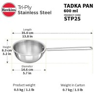 Hawkins 2.5 Cup Tadka Pan, 600ml Triply Stainless Steel Pan, Silver (STP25)