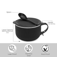 Jaypee Plus Stainless Steel Ribtok Meal Bowl Soup Bowl with Lid & Spoon for Every Day Breakfast Meal, Poha, Cornflaks, Cereal, Suitable for Birthday Gift Girls & Boys, 900ml,Black