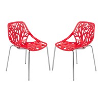 Leisuremod Forest Modern Dining Chair With Chromed Legs, Set Of 2 (Red)