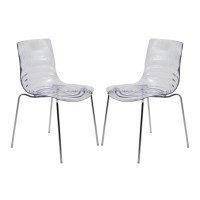 Leisuremod Astor Water Ripple Design Modern Lucite Dining Side Chair With Metal Legs, Set Of 2, Clear