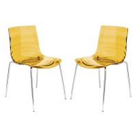 Leisuremod Astor Water Ripple Design Modern Lucite Dining Side Chair With Metal Legs, Set Of 2, Transparent Orange