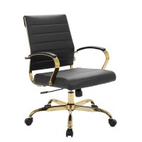 Leisuremod Benmar Modern Mid-Back Adjustable Swivel Leather Office Chair With Gold Frame (Black)