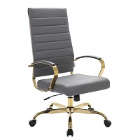 Leisuremod Benmar Modern High-Back Adjustable Swivel Leather Office Chair With Gold Frame (Grey)