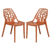 Leisuremod Caswell Cut-Out Tree Design Modern Dining Chairs, Set Of 2 (Solid Orange)