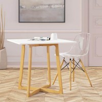 Leisuremod Cedar Square Bistro Dining Table With Natural Wood X Shaped Sled Base (White)