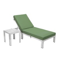 Leisuremod Chelsea Modern Outdoor Weathered Grey Chaise Lounge Chair With Side Table & Cushions, Green