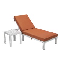 Leisuremod Chelsea Modern Outdoor Weathered Grey Chaise Lounge Chair With Side Table & Cushions, Orange