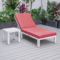Leisuremod Chelsea Modern Outdoor Weathered Grey Chaise Lounge Chair With Side Table & Cushions, Red