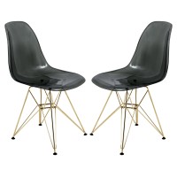Leisuremod Carey Modern Eiffel Base Molded Side Dining Chair With Gold Base, Set Of 2 (Transparent Black)