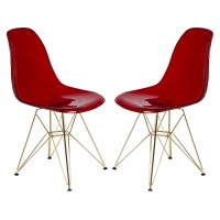 Leisuremod Carey Modern Eiffel Base Molded Side Dining Chair With Gold Base, Set Of 2 (Transparent Red)