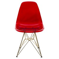 Leisuremod Carey Modern Eiffel Base Molded Side Dining Chair With Gold Base, Set Of 2 (Transparent Red)