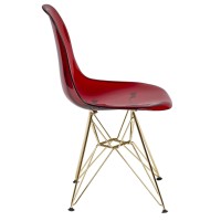Leisuremod Carey Modern Eiffel Base Molded Side Dining Chair With Gold Base, Set Of 2 (Transparent Red)