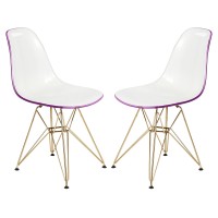 Leisuremod Carey Modern Eiffel Base Molded Side Dining Chair With Gold Base, Set Of 2 (White Purple)