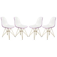 Leisuremod Carey Modern Eiffel Base Molded Dining Side Chair With Gold Base, Set Of 4 (White Purple)
