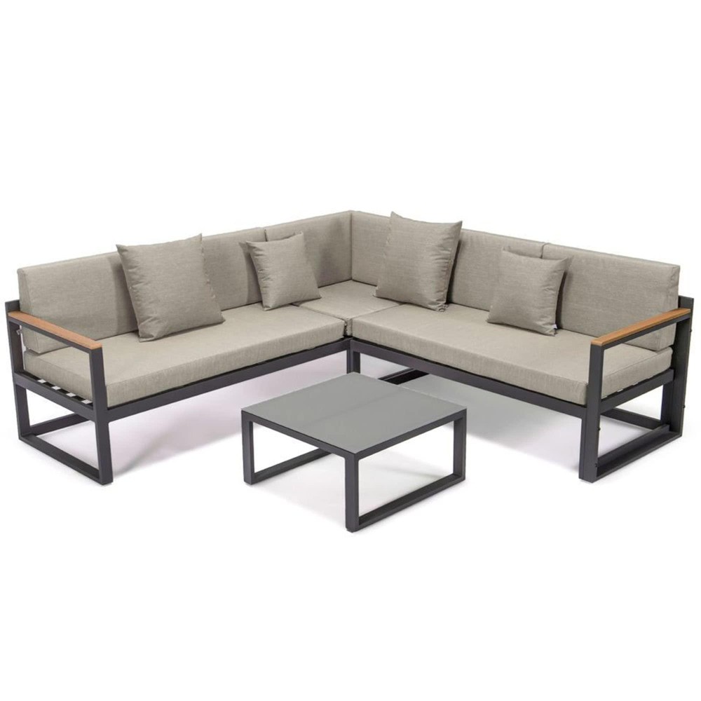 Leisuremod Chelsea 3 Piece Outdoor Patio Sectional Sofa Furniture Set Black Aluminum With Adjustable Headrest & Coffee Table With Removable Seat Cushions, Beige