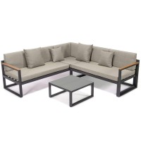 Leisuremod Chelsea 3 Piece Outdoor Patio Sectional Sofa Furniture Set Black Aluminum With Adjustable Headrest & Coffee Table With Removable Seat Cushions, Beige