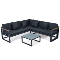 Leisuremod Chelsea 3 Piece Outdoor Patio Sectional Sofa Furniture Set Black Aluminum With Adjustable Headrest & Coffee Table With Removable Seat Cushions