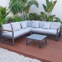 Leisuremod Chelsea 3 Piece Outdoor Patio Sectional Sofa Furniture Set Black Aluminum With Adjustable Headrest & Coffee Table With Removable Seat Cushions, Light Grey