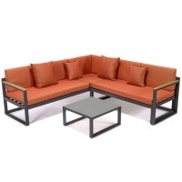 Leisuremod Chelsea 3 Piece Outdoor Patio Sectional Sofa Furniture Set Black Aluminum With Adjustable Headrest & Coffee Table With Removable Seat Cushions, Orange