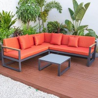 Leisuremod Chelsea 3 Piece Outdoor Patio Sectional Sofa Furniture Set Black Aluminum With Adjustable Headrest & Coffee Table With Removable Seat Cushions, Orange