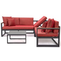 Leisuremod Chelsea 3 Piece Outdoor Patio Sectional Sofa Furniture Set Black Aluminum With Adjustable Headrest & Coffee Table With Removable Seat Cushions, Red