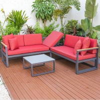 Leisuremod Chelsea 3 Piece Outdoor Patio Sectional Sofa Furniture Set Black Aluminum With Adjustable Headrest & Coffee Table With Removable Seat Cushions, Red