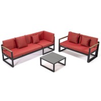 Leisuremod Chelsea 3 Piece Outdoor Patio Sectional Sofa Furniture Set Black Aluminum With Adjustable Headrest & Coffee Table With Removable Seat Cushions, Red