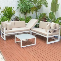 Leisuremod Chelsea 3 Piece Outdoor Patio Sectional Sofa Furniture Set White Aluminum Base With Adjustable Headrest & Coffee Table With Removable Seat Cushions, Beige