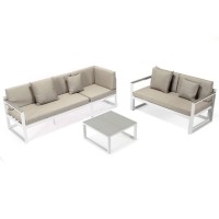 Leisuremod Chelsea 3 Piece Outdoor Patio Sectional Sofa Furniture Set White Aluminum Base With Adjustable Headrest & Coffee Table With Removable Seat Cushions, Beige