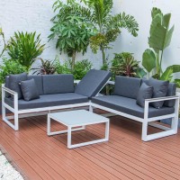 Leisuremod Chelsea 3 Piece Outdoor Patio Sectional Sofa Furniture Set White Aluminum Base With Adjustable Headrest & Coffee Table With Removable Seat Cushions, Black