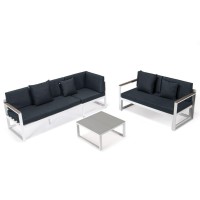 Leisuremod Chelsea 3 Piece Outdoor Patio Sectional Sofa Furniture Set White Aluminum Base With Adjustable Headrest & Coffee Table With Removable Seat Cushions, Black