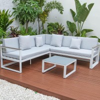 Leisuremod Chelsea 3 Piece Outdoor Patio Sectional Sofa Furniture Set White Aluminum Base With Adjustable Headrest & Coffee Table With Removable Seat Cushions, Light Grey