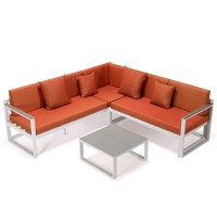 Leisuremod Chelsea 3 Piece Outdoor Patio Sectional Sofa Furniture Set White Aluminum Base With Adjustable Headrest & Coffee Table With Removable Seat Cushions, Orange
