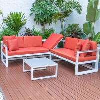 Leisuremod Chelsea 3 Piece Outdoor Patio Sectional Sofa Furniture Set White Aluminum Base With Adjustable Headrest & Coffee Table With Removable Seat Cushions, Orange
