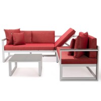 Leisuremod Chelsea 3 Piece Outdoor Patio Sectional Sofa Furniture Set White Aluminum Base With Adjustable Headrest & Coffee Table With Removable Seat Cushions, Red