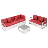 Leisuremod Chelsea 3 Piece Outdoor Patio Sectional Sofa Furniture Set White Aluminum Base With Adjustable Headrest & Coffee Table With Removable Seat Cushions, Red