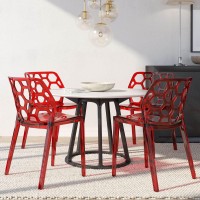 Leisuremod Lowell Modern Stackable Honeycomb Design Dining Side Chair, Set Of 4 (Red)