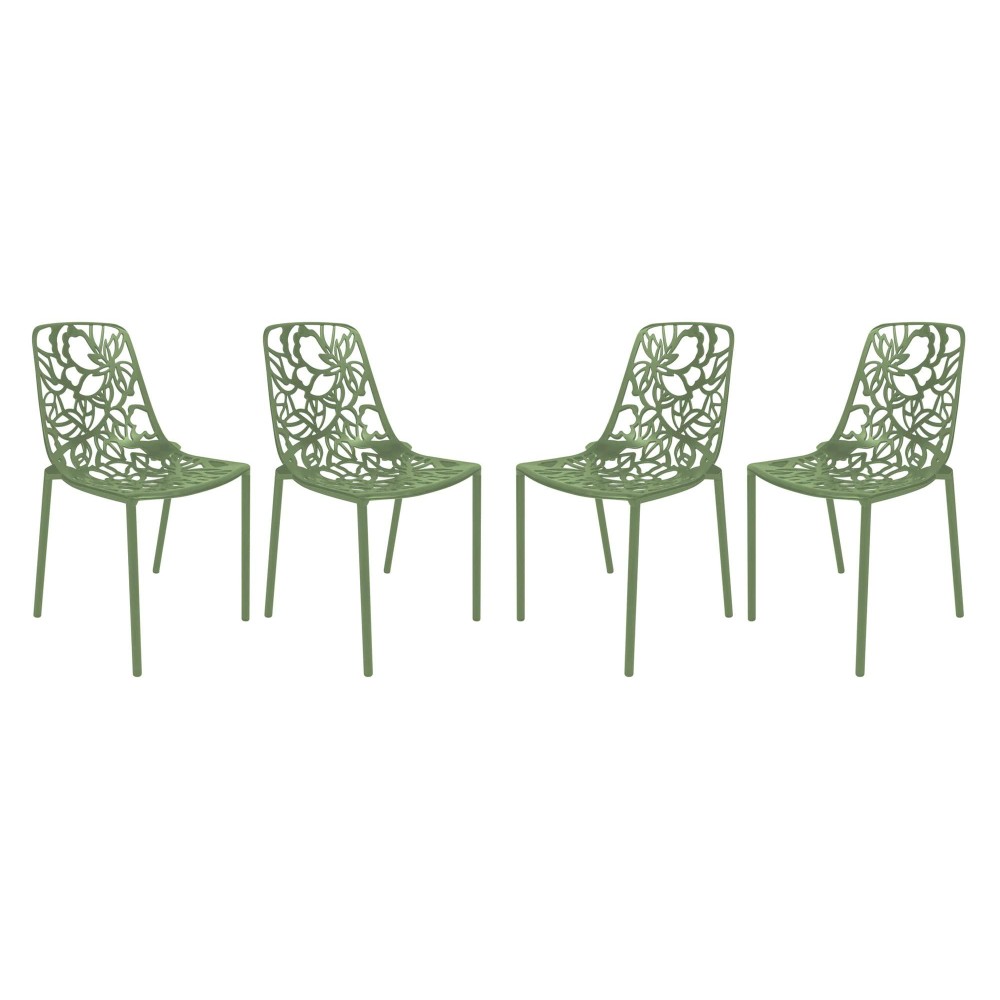 Leisuremod Devon Modern Aluminum Indoor-Outdoor Stackable Dining Chair Set Of 4, Khaki Green