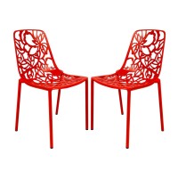 Leisuremod Devon Modern Aluminum Indoor-Outdoor Stackable Side Dining Chair Set Of 2 (Red)