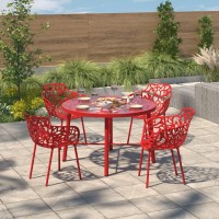 Leisuremod Devon Modern Aluminum Indoor-Outdoor Stackable Side Dining Arm Chair Set Of 4 (Red)