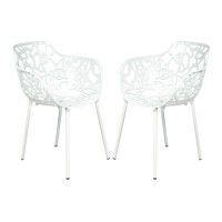 Leisuremod Devon Modern Aluminum Indoor-Outdoor Stackable Side Dining Arm Chair, Set Of 2 (White)
