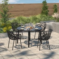 Leisuremod Devon Tree Design Glass Top Aluminum Base Indoor Outdoor Dining Table (Black)