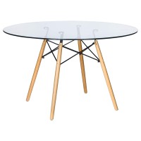 Leisuremod Dover Mid-Century Room Round Glass Top Dining Table With Wooden Legs, Clear
